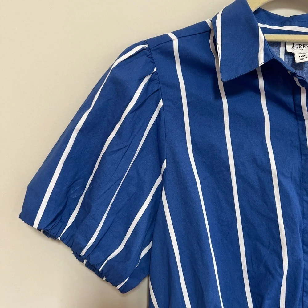 J. Crew NWT Short-Sleeve Cotton Striped Blue + White Tie-Waist Mini Dress, 10